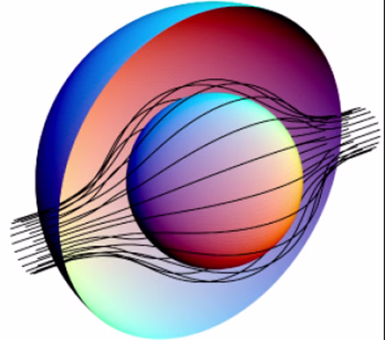 The black lines in this drawing show the path that&nbsp;light rays would take through a theoretical cloaking device. The&nbsp;device's metamaterial would be patterned in such a way to route the rays around the cloaked sphere.