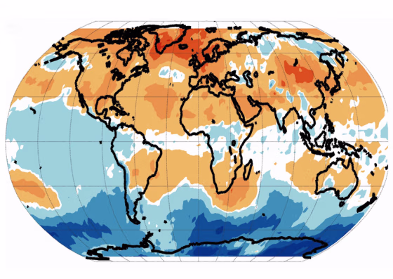 This map of the Earth shows areas of particularly strong warming of the lower atmosphere in yellow, orange and reddish colors. Note the enhanced warming of midlatitude regions north and south of the equator, indicating the expansion of the tropics. The map also shows pronounced warming at Arctic latitudes.
