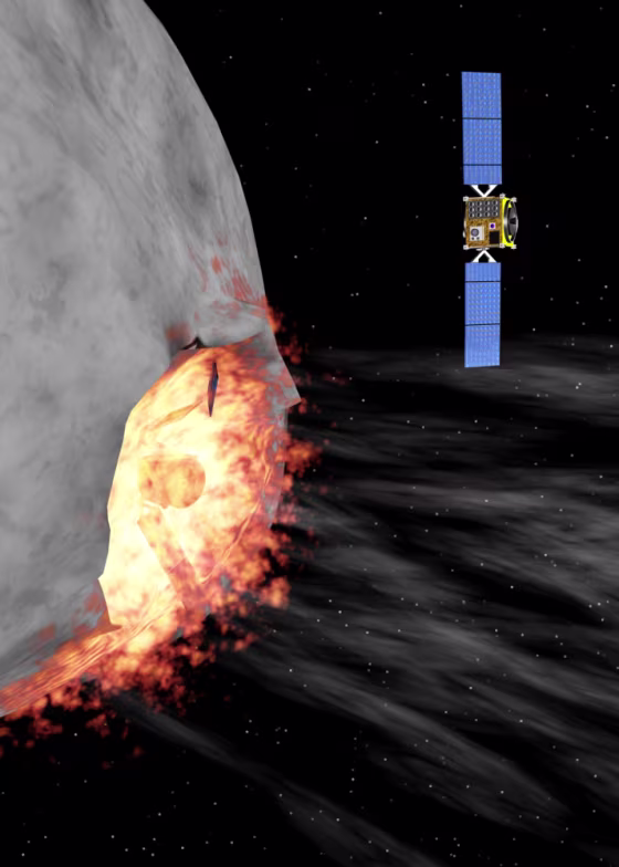 This artwork depicts the climax of an asteroid deflection mission titled Don Quijote, currently being planned by the European Space Agency. An impactor named Hidalgo would hit the target asteroid while another spacecraft named Sancho watches the impact from a safe distance.
