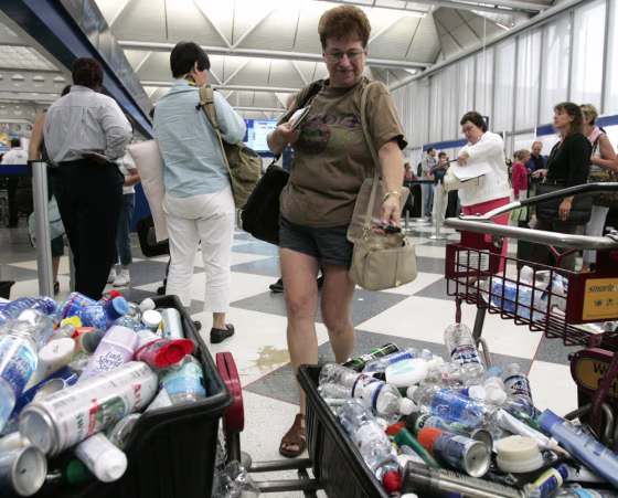 An unidentified traveler deposits her lipstick into a bin with other items banned for air travel as she prepares to fly out of Chicago's O'Hare International Airport on Thursday.