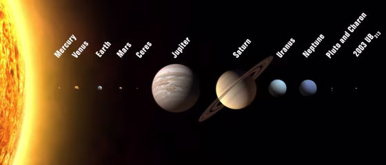 This lineup shows the 12 planets that were proposed last week, with a wedge of the sun at far left. Ceres, Pluto, Charon and 2003 UB313 are barely visible. Now Charon will continue to be considered Pluto's satellite, and the three other worlds will be dubbed "dwarf planets" rather than full-fledged planets. The planets are drawn to scale, but without correct relative distances.