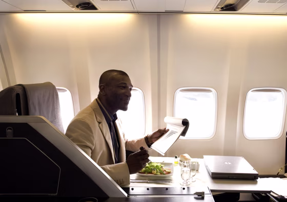 High-end Eos' jets are fitted with just 48 seats on a plane that typically carries 180. Seats fold down into beds six-feet-six inches long, with cashmere blankets and cotton sheets and come with "companion seats" for inflight meetings. 