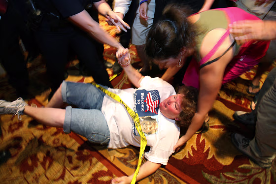 A demonstrator&nbsp;falls to&nbsp;the ground during Saturday night's scuffle.