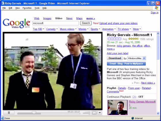 Microsoft's in-house&nbsp;training videos, by the British comedian who created 'The Office' TV series, popped up on YouTube and Google Video this month. 