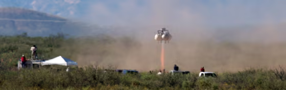 Armadillo Aerospace's entry in the $2 million Lunar Lander Challenge leaves its launch pad to begin a test flight Thursday at Las Cruces International Airport in New Mexico. 