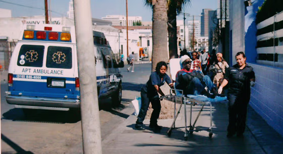 A photo supplied by the Los Angeles Police Department shows Johny Williams being taken from an ambulance to the Volunteers of America center. Police say Williams was one of five patients from L.A. Metropolitan Medical Center who were videotaped Sunday being dropped off on Skid Row near downtown Los Angeles. The hospital strongly denied that it was dumping patients.