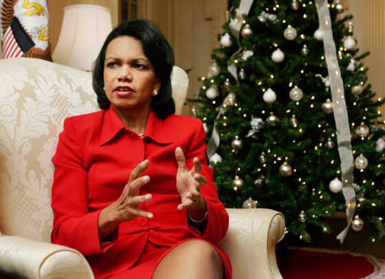 Secretary of State Condoleezza Rice talks with reporters during an interview with the Associated Press at the State Department on&nbsp;Thursday.