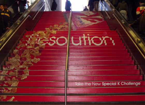 Kellogg's Special K used a patented system to cover this stairway at New York's Penn Station terminal with its message.