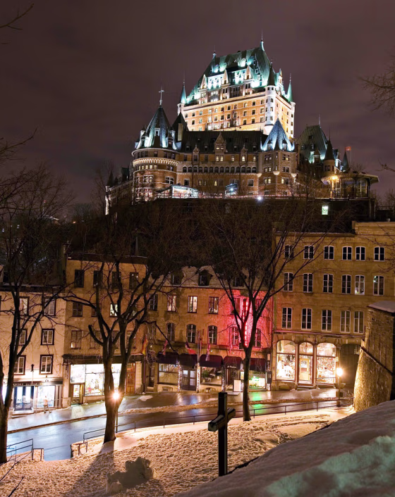 The historic grand hotel, Chateau Frontenac overlooks old Quebec City, a French-speaking center which offers great food, art, winter sports and spas.