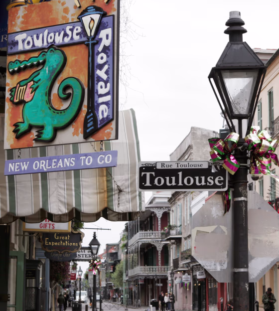 The street lamps are decorated with a purple green and gold bow in the French Quarter of New Orleans. Mardi Gras festivities start on Feb. 16 with the grand celebration on Feb. 20.