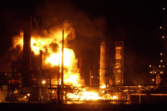 Flames explode from the&nbsp;Valero Energy Corp. refinery in Sunray, Texas, on Friday. A cloud of black smoke from the fire was visible from 60 miles away. 