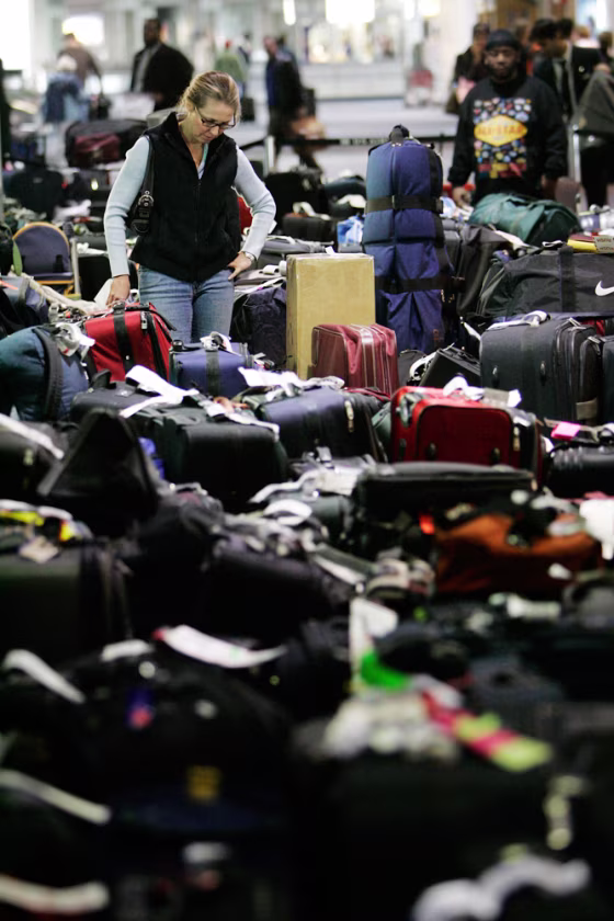 Carolann Manfredi, of Princeton, N.J., searches through luggage for a bag she says has been missing for five days, at the Philadelphia International Airport, Tuesday, Feb. 20, 2007. U.S. Airways said it expects to deliver all the lost luggage to customers by Tuesday. Passengers lost their luggage when flights were canceled last week due to the winter storm.