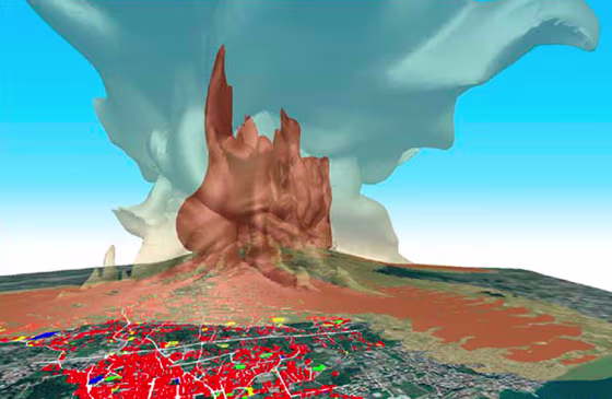 A computer-generated three-dimensional simulation shows how scientists think Mount Vesuvius would react after a volcanic eruption