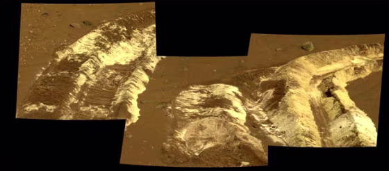 While driving eastward toward the northwestern flank of "McCool Hill," the wheels of NASA's Mars Exploration Rover Spirit churned up the largest amount of bright soil discovered so far in the mission. This image was taken on March 22, 2006.