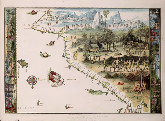A 16th-century map from the Vallard Atlas&nbsp;appears to&nbsp;mark geographical sites along Australia's east coast in Portuguese, although the orientation of part of the map is off. In a newly published book, Peter Trickett says this is because the Portuguese charts were misaligned when they were copied.