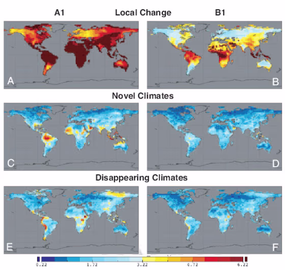 These climate change maps that novel climates are projected for tropical and subtropical regions, and disappearing climates are predicted to be concentrated in tropical mountains and the poleward regions of continents. The left column represents an extreme scenario for future climate change and the right a more moderate scenario.