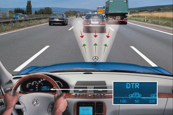 Cruise control systems, like this one from Mercedes-Benz, can maintain a set following distance from vehicles ahead. They&nbsp;provide immediate safety, and also reduce fatigue during long trips in heavy traffic.