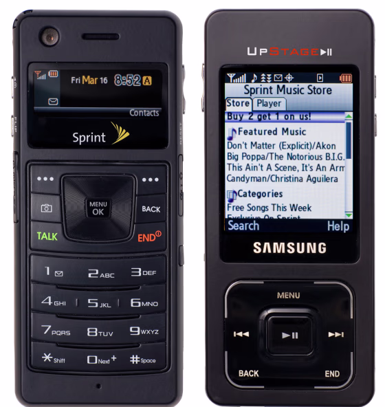 The two-sided UpStart: phone and music player interfaces.