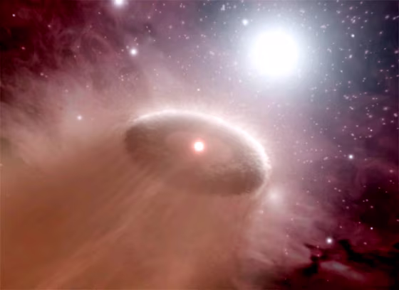 An artist's impression of a young, cool star with a surrounding protoplanetary disk drifting within the danger-zone of a super-hot O-star.