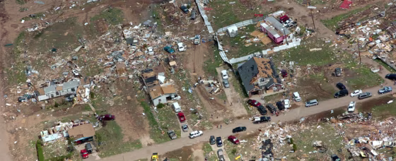 Aerial view of Cactus, Texas, Sunday, after a violent storm late Saturday.