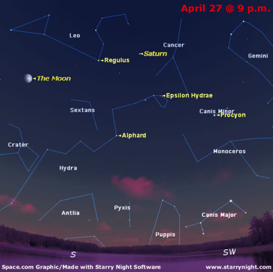 SKY MAP: The sky as seen at 9 p.m. on April 27 from mid-northern latitudes.