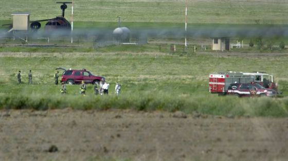 Malmstrom Air Force Base emergency crews respond to the crash site of a Canadian Forces Snowbird aircraft that crashed during an airshow rehearsal Friday in Montana.