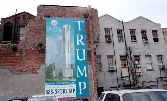 A giant poster marks the proposed site where the Trump Tower is to be built in downtown New Orleans.