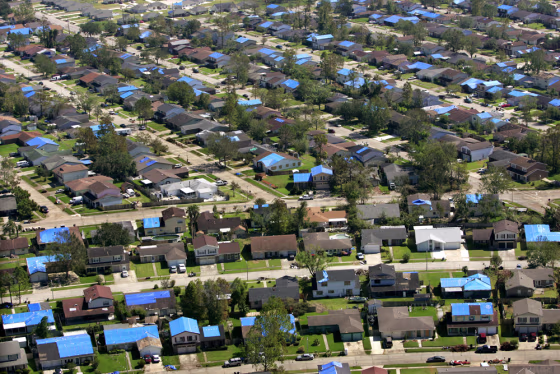 Blue tarps over a New Orleans neighborhood on Oct. 11, 2005 — six weeks after Katrina hit — reflect how widespread storm damage can be.