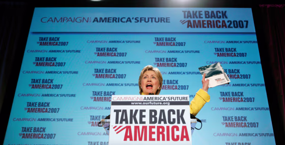 U.S. Senator and Democratic Presidential candidate Hillary Rodham Clinton speaks at the 2007 \"Take Back America\" conference in Washington
