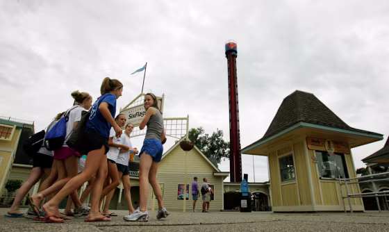 The Superman Tower of Power ride rises above the entrance to Six Flags Kentucky Kingdom in Louisville, Ky.