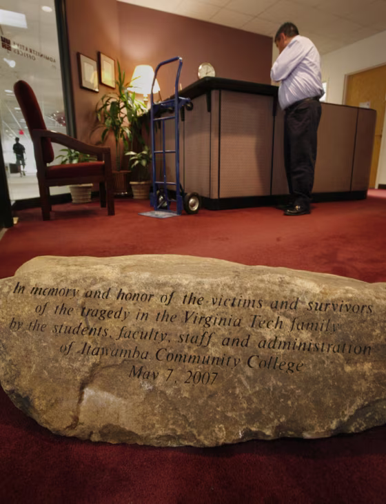 This 150-pound rock from the Mississippi River engraved with a message of support, a gift from Itawamba Coummunity College in Tupelo, Miss., is on display at the University Unions and Student Activities Center on the Virginia Tech campus. 