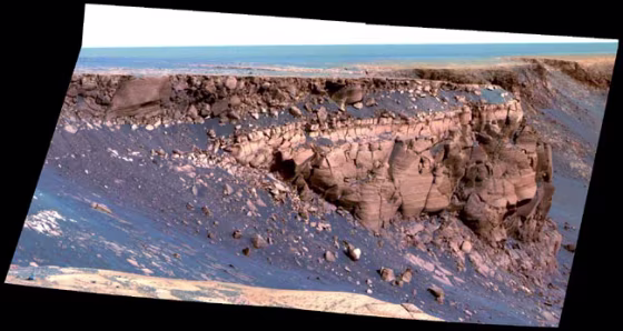 Cape St. Vincent is&nbsp;one of the many promontories that jut out from the walls of Victoria Crater, which might be one of the Mars rover's resting place. This image is presented in false color to emphasize differences in surface materials. 