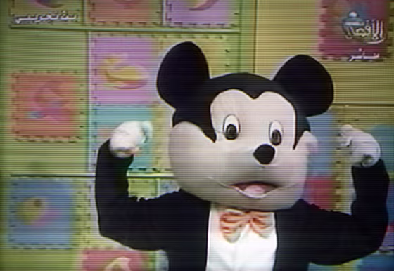 A giant black-and-white Mickey Mouse lookalike&nbsp;named "Farfour," or "butterfly," talks on a children's show in Gaza City on May 11 in an image taken from Al Aqsa TV, a station run by Hamas.