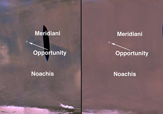 Since late June, Martian dust&nbsp;storms have been&nbsp;sweeping over most of the planet — and the Mars rovers. The view at left was captured by NASA's Mars Reconnaissance Orbiter on June 22 (with a black data dropout in the middle). At right is the same view from July 17.