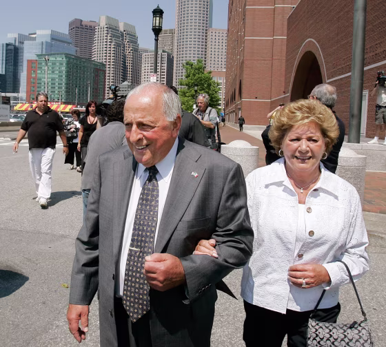 Peter Limone, pictured with his wife Olympia leaving the federal court in Boston, was released from prison in 2001 after three decades after&nbsp;it was learned the FBI withheld evidence of their innocence to protect an informant. 