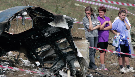 Local residents view&nbsp;the wreckage of a Tupolev Tu-154 that crashed&nbsp;near the Ukrainian city of Donetsk last year, killing all 170 people on board. Russian airlines had the world's worst air safety record last year.