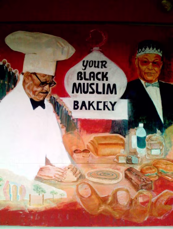 Photo of a mural on wall of the main branch of Your Black Muslim Bakery in North Oakland