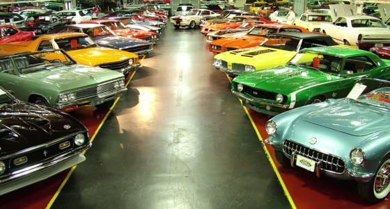 Classic cars are shown on display in the showroom at the 
