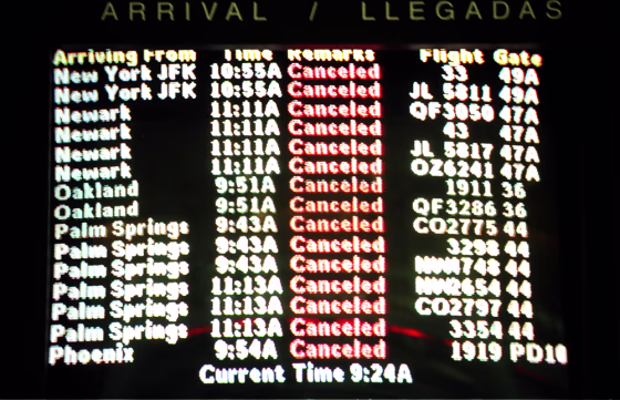 An arrival board at the Los Angeles Airport 11 Sep
