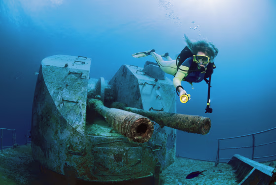 A diver examines the wreck M/V Keith Tibbetts, a Russian destroyer sunk for diving purposes, near the island of Cayman Brac.