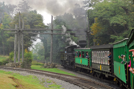 A passenger train from the Cass Scenic Railroad pulls into the Whittaker station, near Cass, W.Va. The railroad draws 40,000-70,000 tourists between May and October, opting for the five-hour journey to Bald Knob, West Virginia's third-highest peak. 