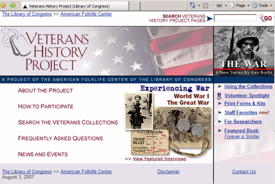 The Web home page of the Veterans History Project.