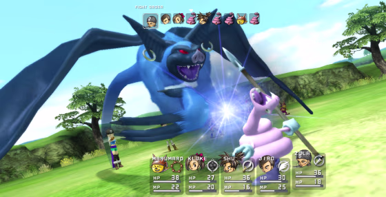 Heroes attack their enemies in turn-based battles with the titular blue dragons.