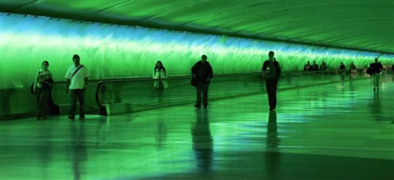 Accompanied by a light and music show, travelers walk through the 685-feet-long underground tunnel from Detroit Metropolitan Airport's main terminal to the airport's McNamara Terminal. The son-et-lumiere effects are meant to soothe and calm passengers. They might also be fun to watch for a while if you've got plenty of time before your next flight.