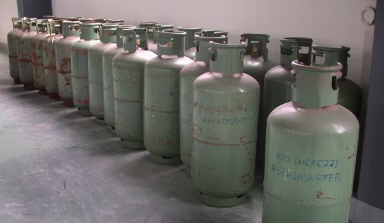 Hydrochloroflurocarbons, or HCFCs, are seen in&nbsp;a facility operated by the Ningbo Koman Refrigeration Industry Co., Ltd., in China's Zhejiang province, in Nov. 2005.