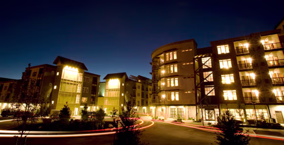 An evening view of the newly-built MorningStar Lodge condominiums at the Silver Mountain ski resort in Kellogg, Idaho. The once-heavily-polluted mining community has been transformed into a swanky ski resort with newcomers flocking to buy condos and open businesses.