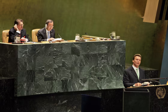California Gov. Arnold Schwarzenegger addresses the U.N. Climate Summit on Monday at U.N. headquarters in New York. U.N. Secretary-General Ban Ki-moon, top right, earlier opened the summit by arguing that "inaction now will prove the costliest action."