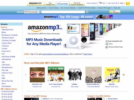 Screen grab of the newly launched ‘Amazon MP3’ music download service.