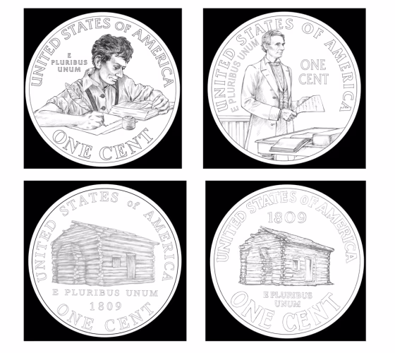 These artist renderings provided by the U.S. Mint shows four of the designs under consideration to replace the "tails" side of the Abraham Lincoln penny.