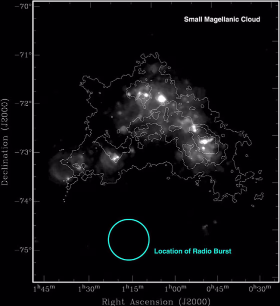 A visible-light image of the Small Magellanic Cloud, combined with radio observation data (contoured lines). The blue circle marks where a strange 5-millisecond radio burst originated.